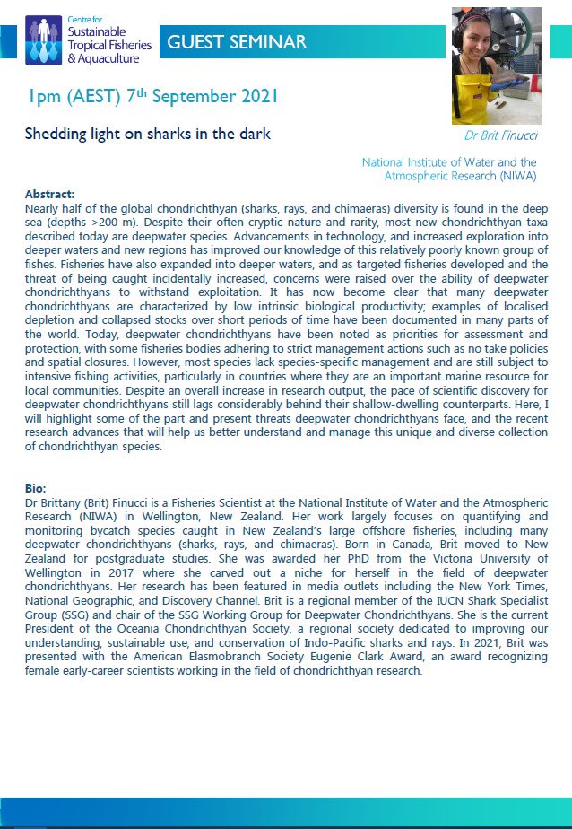 Our awesome President <a href="/BritFinucci/">Brit Finucci</a> will be talking about her fascinating research on deep water sharks in the @CSTFA_JCU seminar series.

🗓 Tomorrow @ 1pm AEST

🚨Members make sure you check your inbox for the zoom link! 🚨