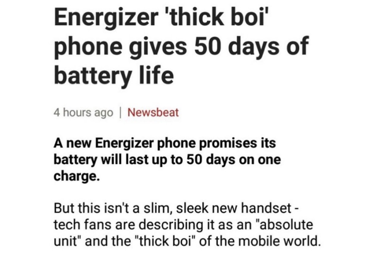 GramGaming's tweet image. @Energizer was gonna make a thick boi phone with 50 days of battery life but people some article said people don’t want it. I fuckin want it. I am a fat guy I want a fat phone. #energizerthickboi #makecellphonesthickagain #nokiavibes