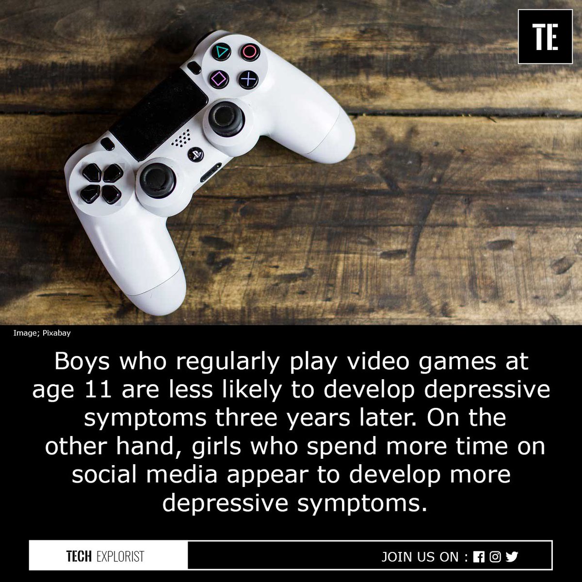 TechExplorist's tweet image. Boy video gamers have a lower risk of depression.
#vídeogames #depression #depressivesymptoms #socialmedia  #techexplorist