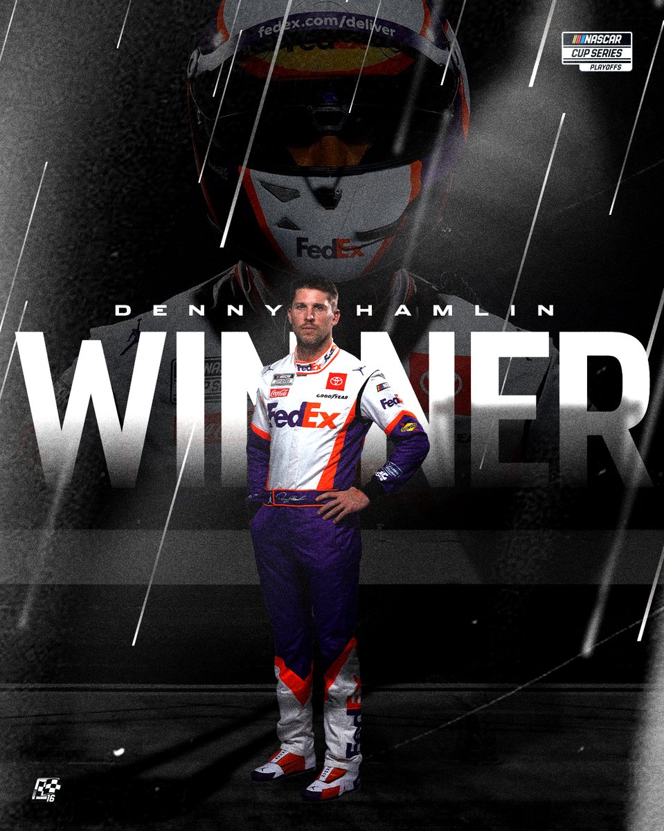 NASCAR's tweet photo. CHECKERED FLAG: THE 1️⃣1️⃣ WINS IN A WILD FINISH!

@dennyhamlin captures the #NASCARPlayoffs opener at @TooToughToTame! https://t.co/A5ISCgdDju