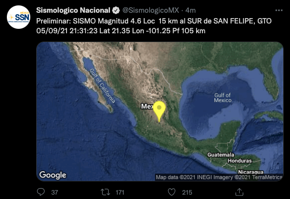Planoinforma's tweet photo. Se registra otro temblor en SLP. El epicentro fue al Sur de San Felipe.
#ÚltimoMinuto https://t.co/lhQtOUQa2f