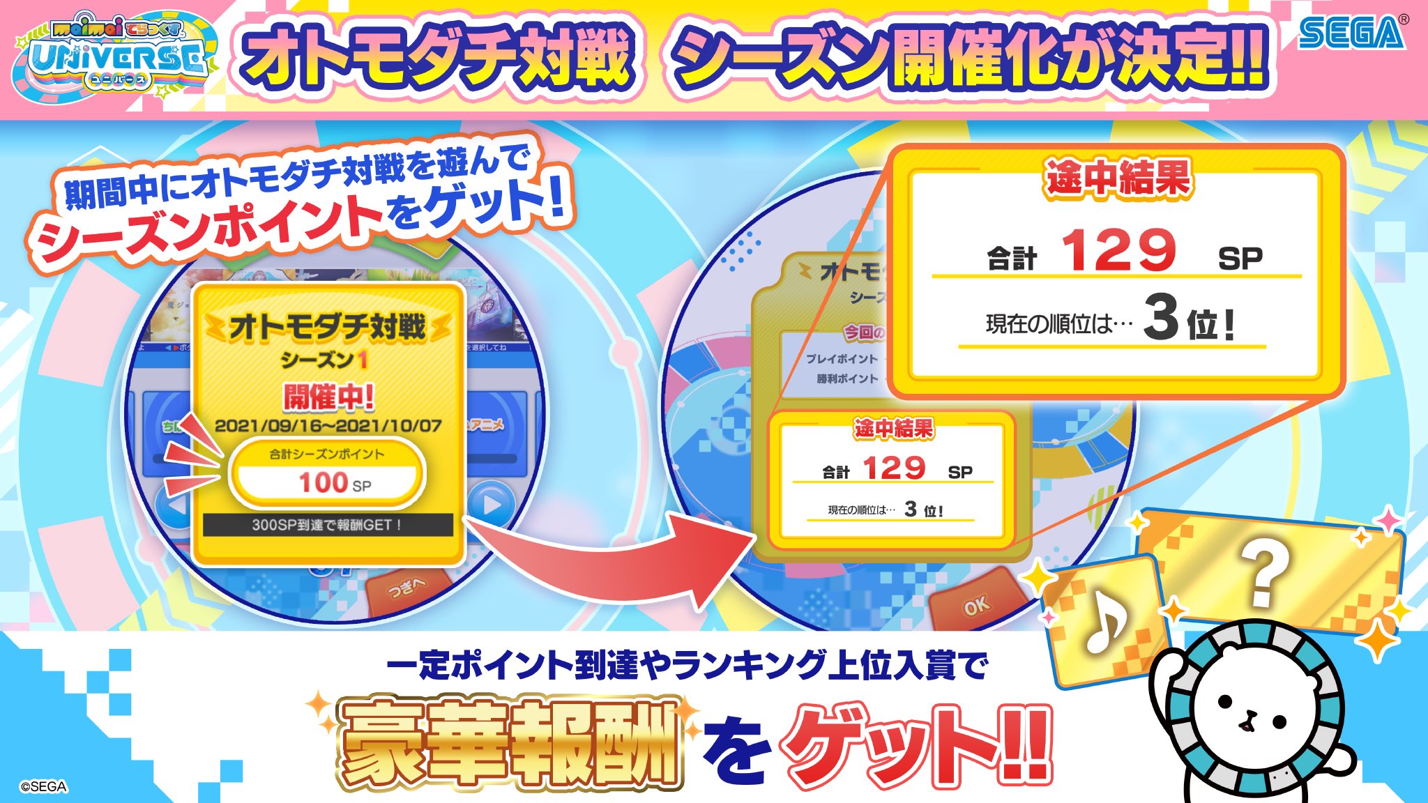 Maimai でらっくす公式 9 22 木 バラエティ楽曲追加 Maimai でらっくす Universeの新機能紹介 １ オトモダチ対戦 のシーズン開催化が決定 期間中にオトモダチ対戦 を遊ぶことで シーズンポイントをゲット 一定ポイント到達時やランキング上位