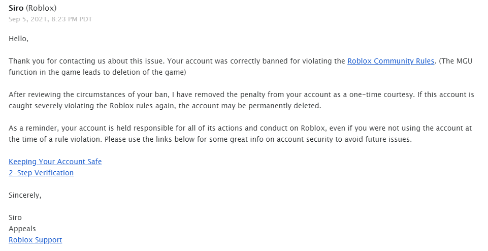 RTC on X: Just so we can avoid a few more DMs like this, please read our  bio. We are NOT @Roblox. We cannot do anything about your ban, termination,  or give