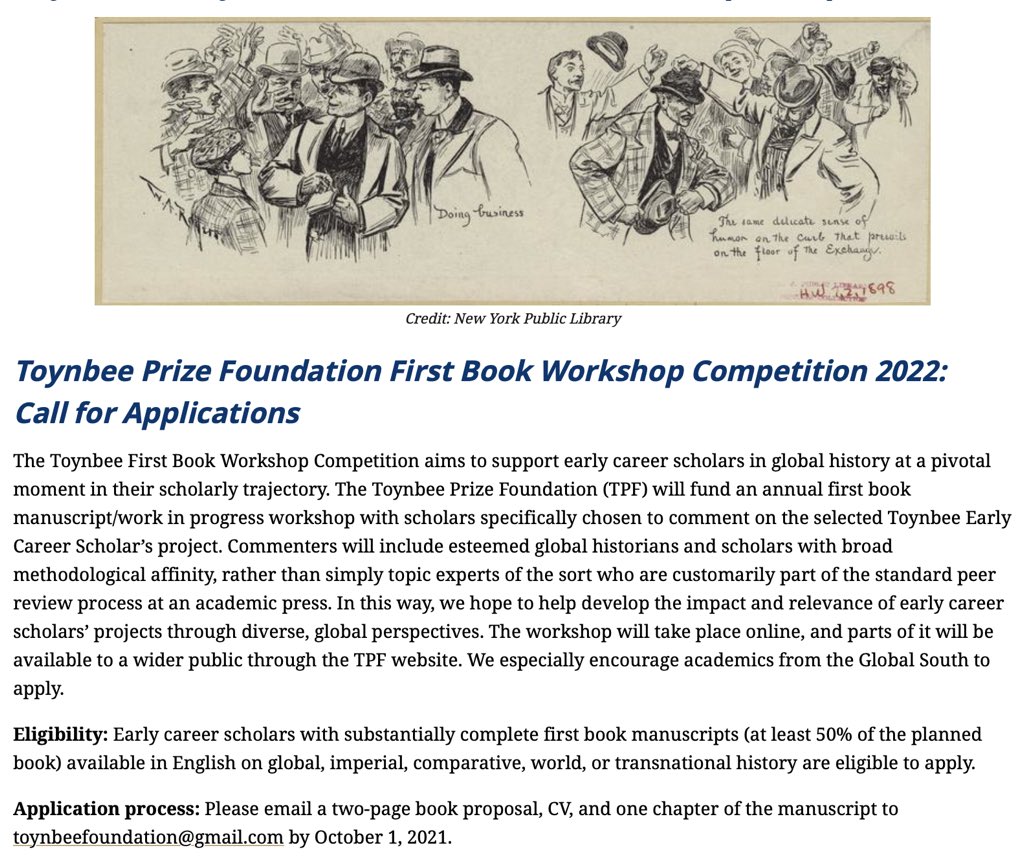Apply for the first annual Toynbee Early Career Scholar First Book Workshop Competition. We seek to support early career scholars in global history at a pivotal moment in their trajectory, and especially encourage scholars from the Global South to apply: toynbeeprize.org/posts/announce…