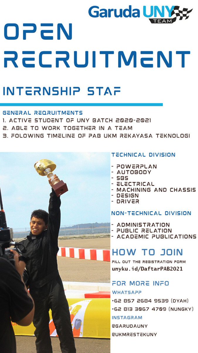 GarudaUNY's tweet photo. [OPEN RECRUITMENT INTERNSHIP STAFF GARUDA UNY TEAM]
Hai semua, Garuda UNY Team memberi kalian kesempatan bagi  mahasiswa UNY untuk bergabung dalam divisi Mobil UKM Rekayasa Teknologi. 
Link Pendaftaran : 
https://t.co/YKQvkRwGVh
BE THE NEXT GARUDA UNY TEAM MEMBER ✨✨ https://t.co/RWsJkGpAPm