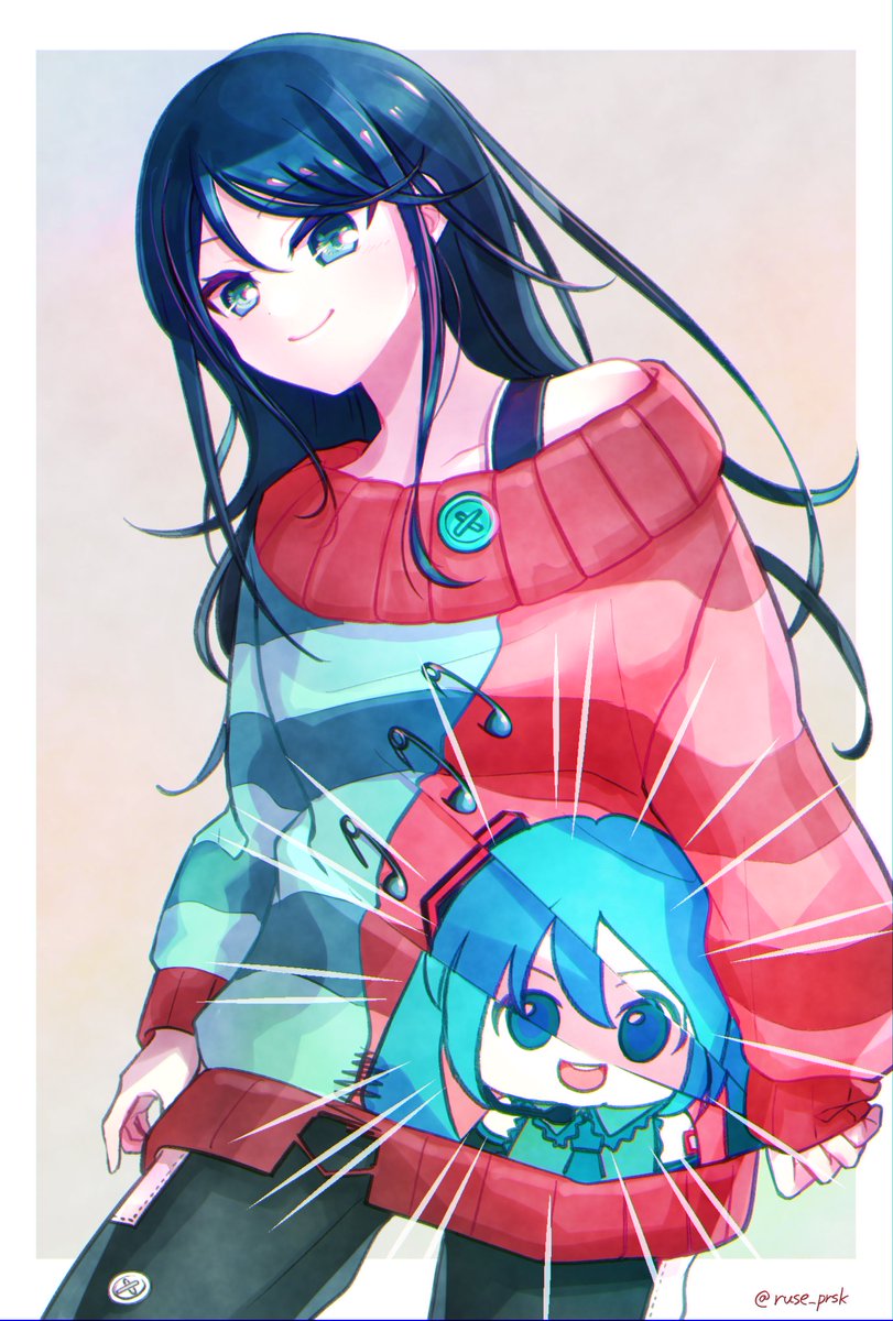 hatsune miku smile long hair 1girl sweater character doll black hair pants  illustration images