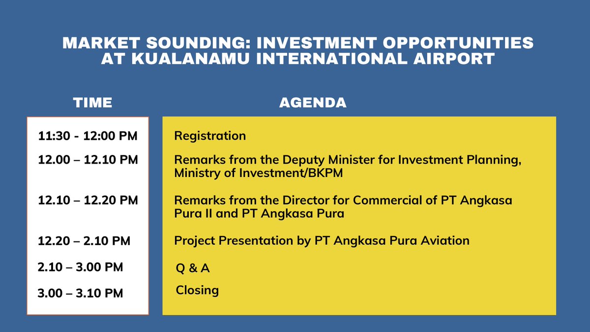 Register to <a href="/bkpm/">Kementerian Investasi dan Hilirisasi/BKPM</a> and @AngkasaPura_2 virtual event "Market Sounding: Investment Opportunities at Kualanamu International Airport" on Thu, 16 September 2021 at 12:00 PM AEST to explore more about the opportunities in the infrastructure sector.