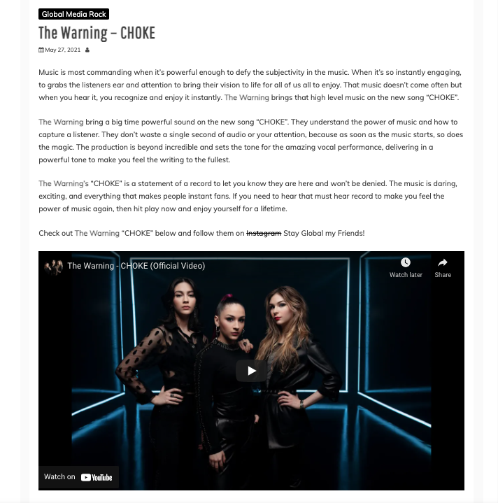 TheWarningAust's tweet photo. "The Warning bring a big-time powerful sound on their song CHOKE. They understand the power of music and how to capture a listener. They donโt waste a single second of audio or your attention" -@AllGlobalWorld
https://t.co/QPPd7WFt1Q
#TheWarning #TheWarningBand #TheWarningCHOKE https://t.co/1jJ2wm0ZlX