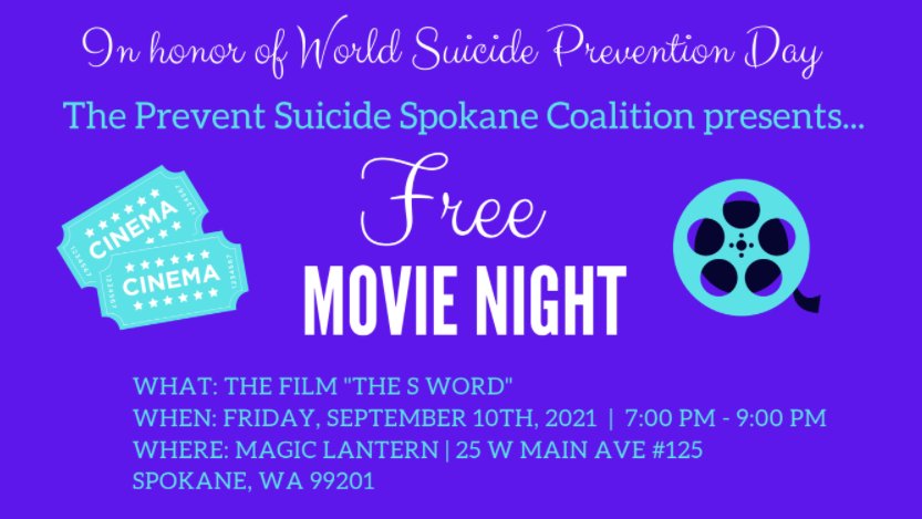 Get your ticket for a free screening  this Friday at the Magic Lantern in Spokane. The "S" Word seeks to amplify the voices of those living after suicide attempts and loss.  Join us!  #MentalHealthAwareness #SuicidePreventionMonth 
eventbrite.com/e/the-s-word-t…