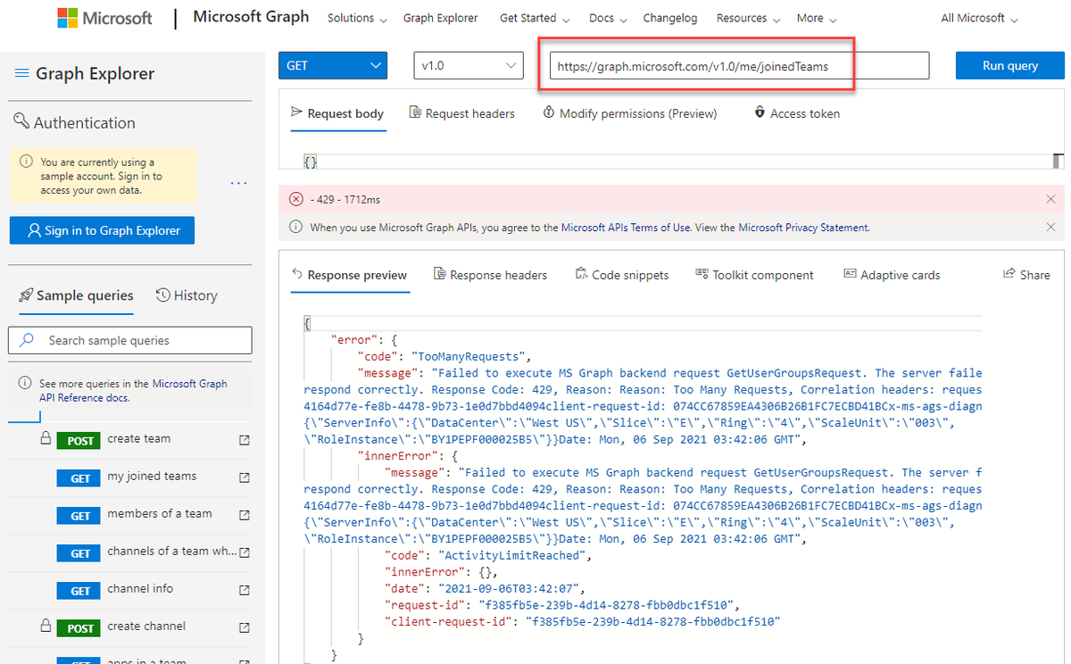 CameronDwyer's tweet image. Is anyone else unable to get me/joinedTeams from the #microsoftgraph at the moment or is it just my side of the world 🌏 Even the Graph Explorer Demo tenant is having trouble 😱#microsoft365developer