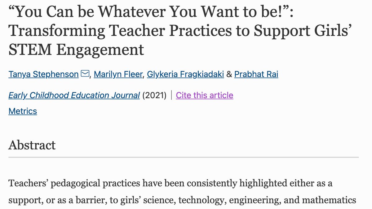 "...teachers’ developing consciousness regarding girls’ #STEM engagement created a shift in their teaching practices towards actively engaging #GirlsInSTEM".
Read more here: link.springer.com/article/10.100… 
<a href="/MarilynFleer/">Marilyn Fleer</a> <a href="/GlykeriaFragki1/">Glykeria Fragkiadaki</a> <a href="/prabhatcrai/">Prabhat Rai</a> #STEM #STEMeducation <a href="/MonashEducation/">Monash Education</a>
