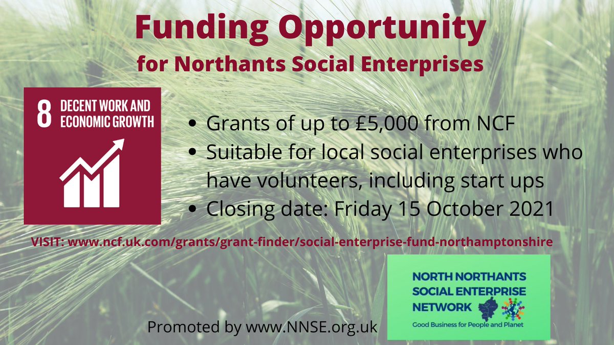 New funding opportunity from NCF for local social enterprises. Up to £5,000. Deadline 15 Oct 2021. <a href="/NNorthantsC/">North Northamptonshire Council</a> <a href="/NorthantsCF/">Northants Community Foundation</a> <a href="/NNorthantsEco/">North Northants Eco Forum</a> @NNorthantsBN visit NCC.uk.com/grants/grant-f…