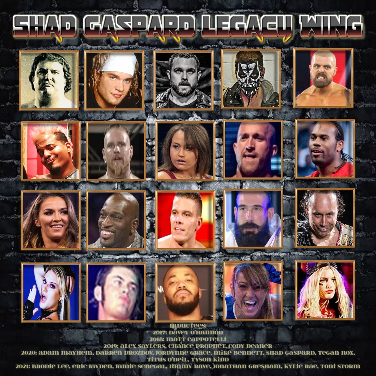 Here is a collective of every Shad Gaspard Legacy inductee into the DDT Net Hall of Fame, including 2021 inductees: Brodie Lee, @followthebadguy, @thejamiesenegal, <a href="/TheJimmyRave/">Jimmy Rave</a>, <a href="/TheJonGresham/">🐙</a>, Kylie Rae, &amp; <a href="/WWEToniStorm/">Toni Storm</a>