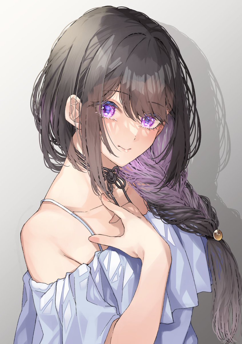 1girl solo braid purple eyes looking at viewer long hair black hair  illustration images