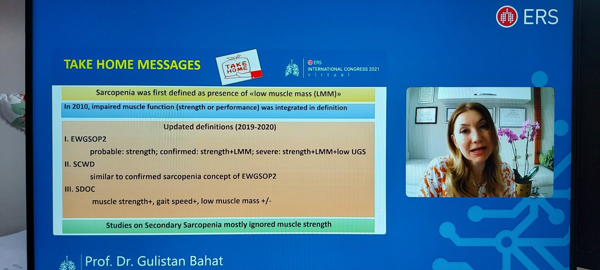 Rachael Evans (@revans_breathe) on Twitter photo #ERSCongress #sarcopenia #pulmrehab <a href="/ERSAssembly1/">ERS Assembly 1</a> <a href="/ErsPhysios/">ERS_physios</a>
Very interesting overview by Gulistan Bahat on definitions of sarcopenia.
*In older people muscle strength is lost earlier than muscle mass and therefore definitions have been updated
* see summary slide below #ERSCongress #sarcopenia #pulmrehab <a href="/ERSAssembly1/">ERS Assembly 1</a> <a href="/ErsPhysios/">ERS_physios</a>
Very interesting overview by Gulistan Bahat on definitions of sarcopenia.
*In older people muscle strength is lost earlier than muscle mass and therefore definitions have been updated
* see summary slide below