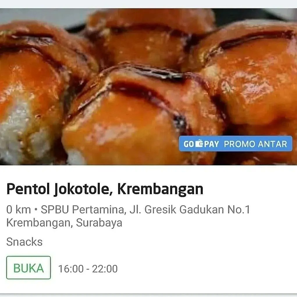 AchmadSupriyad's tweet photo. PENTOL JOKOTOLE

Hari : SENIN.       : Tgl  06  -  September - 2021
Buka  Jam           : 16:00    -  22:00
#LOKASi  pintu Keluar.. Pombensin
Tempat SPBU pertamina  jl. Gresek Gadukan timur no.01 kemayoran,krembangan,
Dekat pasar P.P.I https://t.co/h2BCIWHwKR