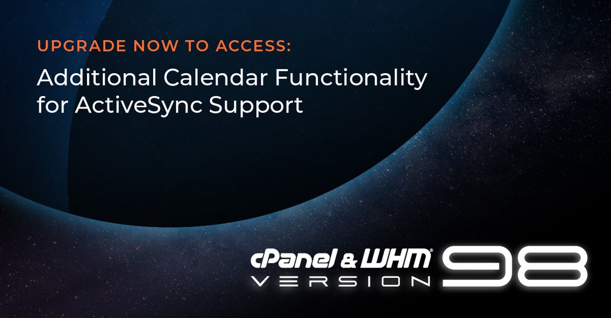 cPanel's tweet image. cPanel &amp;amp; WHM Version 98 includes expanded support for ActiveSync, with additional push functionality for syncing with Android devices. Learn more at releases.cpanel.net #ActiveSync #cPanel #cPanelv98 (76 characters remaining)