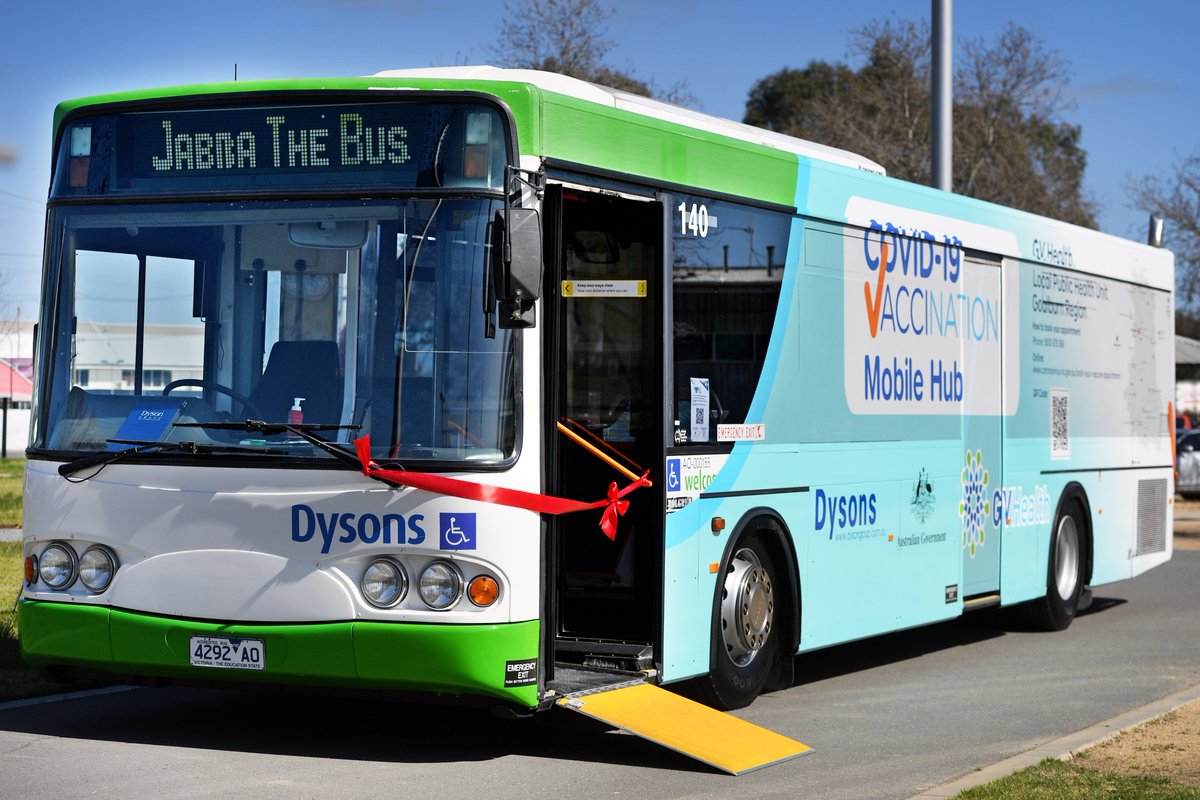 sheppartonnews's tweet photo. We have lift-off! GV Health's mobile vaccine clinic, Jabba the Bus, launches today in a bid to improve access and uptake. Images: Megan Fisher.  #SheppartonCOVID19 https://t.co/5AD64RQCG9