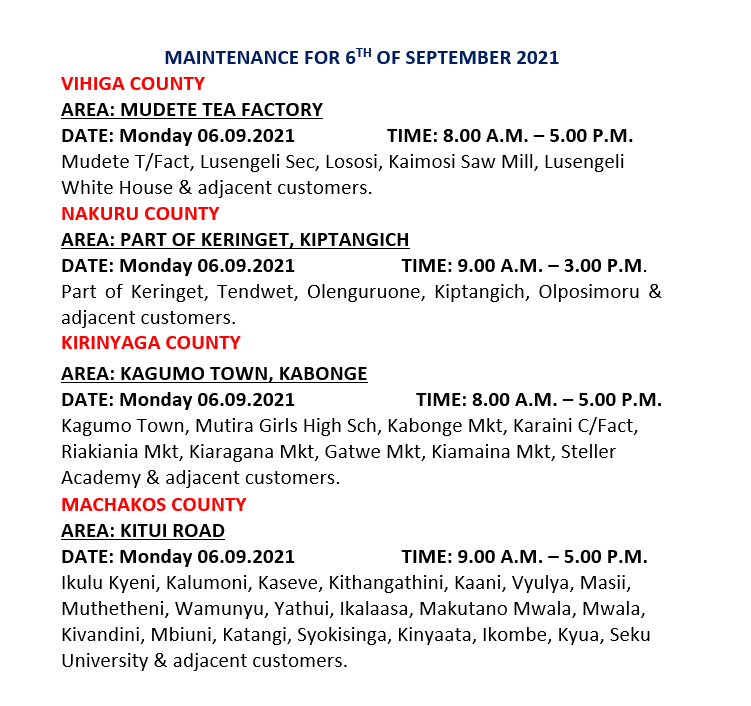 KenyaPower_Care's tweet photo. Hello, The following areas are on scheduled maintenance today, the 6th of September 2021.^MM https://t.co/WpKque0u9n