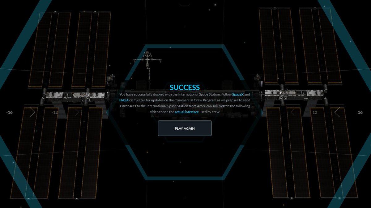 Well that was fun! :-)
Took me three tries though!

SPACEX - ISS Docking Simulator

[https://t.co/ra0aT6HWCZ]

#Space #SpaceX #ISS #InternationalSpaceStation https://t.co/64G7s5stZQ