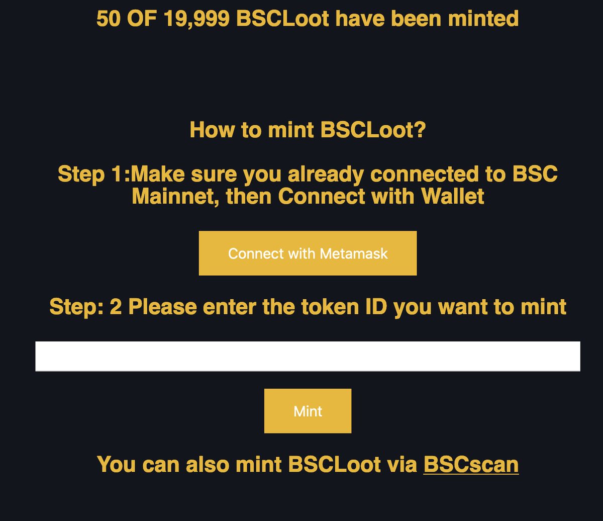 BscLootNFT's tweet photo. "Mint Button" has been added to https://t.co/MYKMlYj2PS! User can mint #BSCLoot on official website instead of minting on #bscscan 
#BNB #BSC #BinanceSmartChain #BSCGems #BSCGem #BinanceSmartChain의 

@BSClaunchorg @BARMY_Official https://t.co/3kxgwZMssJ