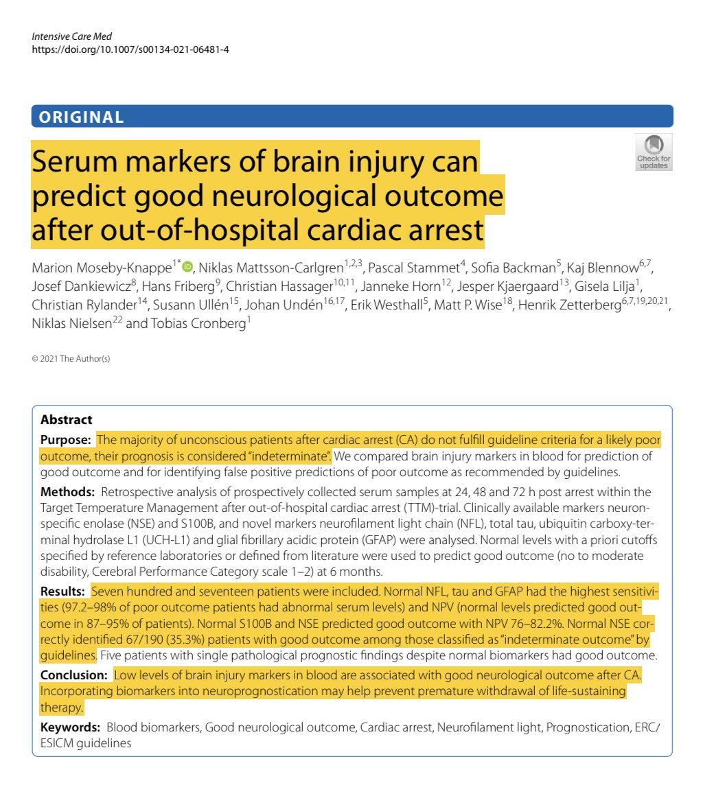 Don’t withdraw life support too soon! <a href="/yourICM/">Intensive Care Medicine</a>
 
After cardiac arrest, many people are comatose. We try to figure out who will recover. This 770 pt study found normal brain biomarkers predicted recovery &amp; could prevent premature life support withdrawal.
 
bit.ly/3DP1Sng
