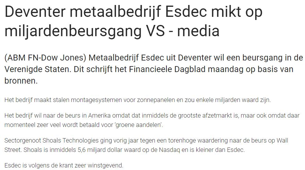 ArendJanKamp's tweet image. #Esdec wil naar Wall Street (aan het handje van rekenmeesters Gilde). Snelle blik: dat #Shoals doet idd 165x huidige en 11x verwachte winst. Op eerste oog is dat heul veul voor maakbedrijf #AEX