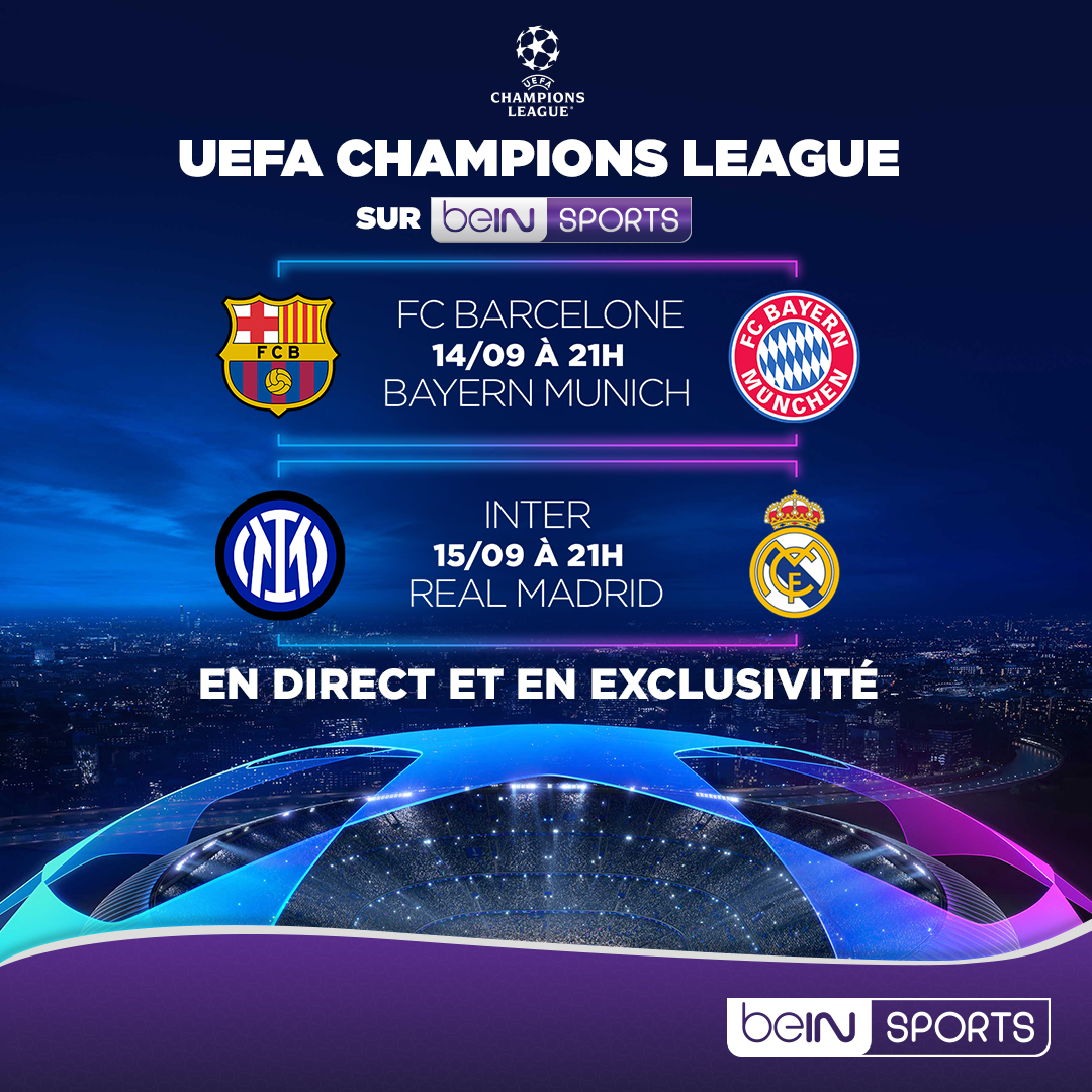 🚨 RDV dès la semaine prochaine en direct sur #beINSPORTS pour le retour de la Ligue des Champions !

🏆 Avec notamment :

⚽ FC Barcelone - Bayern Munich
⚽ Inter Milan - Real Madrid