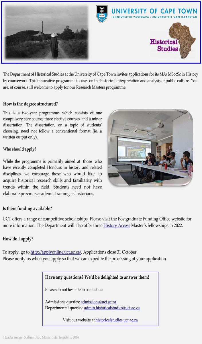 HSSinSA's tweet photo. APPLICATIONS FOR UCT’s #MA/#MSocSc IN #HISTORY NOW OPEN: @UCT_HST https://t.co/Cf3Hw6yJpa