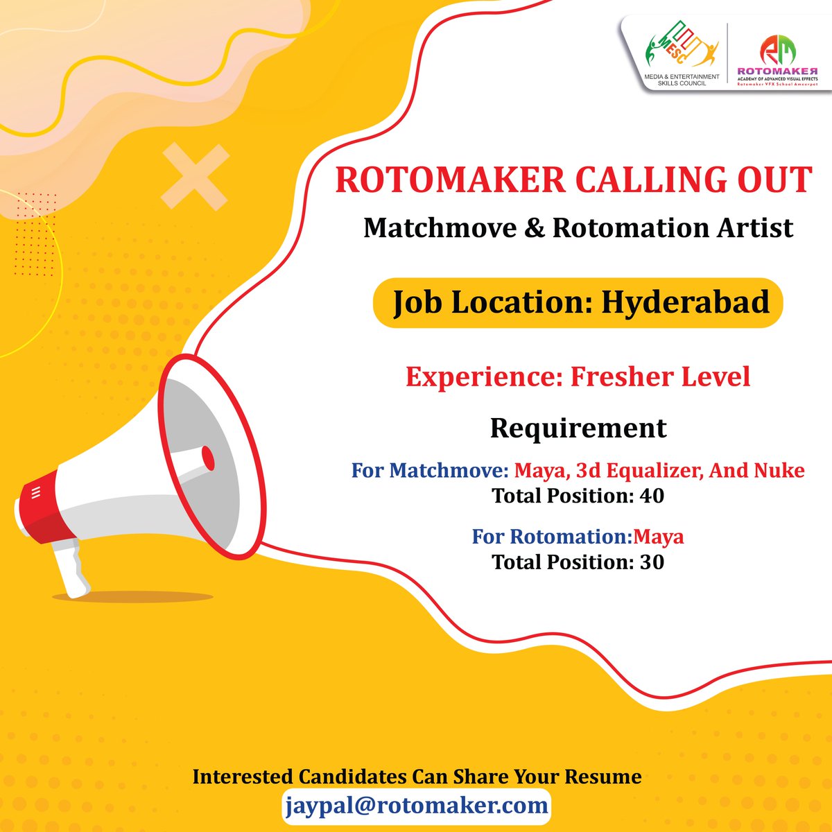 mesc_india's tweet photo. Get Hired!
Rotomaker is calling out all Matchmove & Rotomation Artists! Send your resumes to jaypal@rotomaker.com
Apply now!
#jobs #gethired #opportunity #OpportunityAlert #rotomaker #rotomation #matchmove #artists #applynow #hiring #media #entertainment #industry https://t.co/5AKcGTUwy8