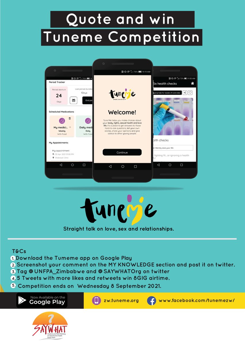 SAYWHATOrg's tweet photo. We looking forward to receiving your comments on our #Tuneme App, tag us with screenshots of your comments and help others with your thoughts.
#SAYWHAT 
@SwedeninZW
@UNFPA_Zimbabwe @MwanasikanaW https://t.co/gTUWT0vnsG
