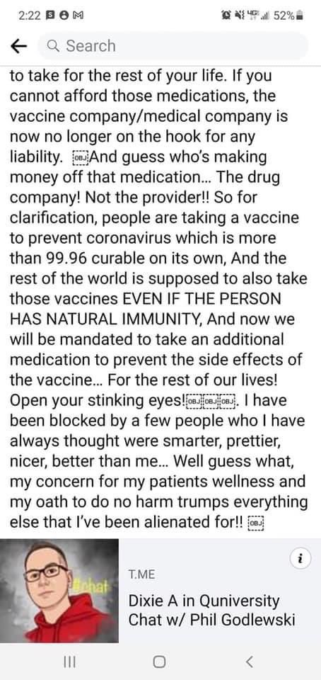 <a href="/FLBoardofMed/">Florida's Medicine</a> are you ever going to do something about these unqualified midlevels practicing medicine w/o medical licenses &amp; spewing insane conspiracy theories to the public? Or are you just going to pass the buck to <a href="/FLNursingBoard/">Florida's Nursing</a> where they’ll sweep it under the rug as usual?