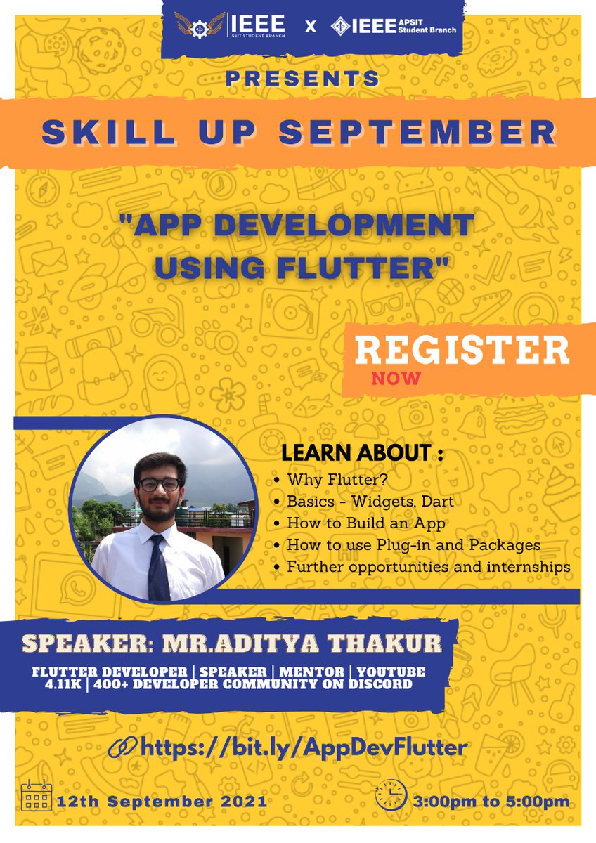 ieeeapsit's tweet photo. We are elated to announce that we are collaborating with IEEE SFIT SB to do a 3 part workshop event:
 *SKILL UP SEPTEMBER* 

The first session of this series is "App development using Flutter"

Registration link: https://t.co/RlDeSs5JdP https://t.co/UDXX0V1hjS