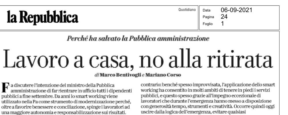 ⭕️ Non é il momento di ingaggiare improbabili battaglie di retroguardia.

Lo #smartworking nella #Pa è stata un’esperienza preziosa. Tornando indietro si ostacola solo il ricambio generazionale.

🗞 Oggi su <a href="/repubblica/">Repubblica</a> Marco #Bentivogli e <a href="/marianocorso/">Mariano Corso</a> #brunetta #6settembre