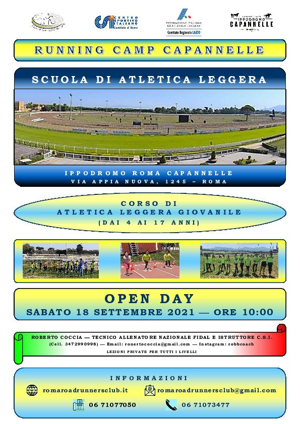 Atletica Leggera Giovanile - OPEN DAY il 18 settembre all'Ippodromo Capannelle! Info su romaroadrunnersclub.it