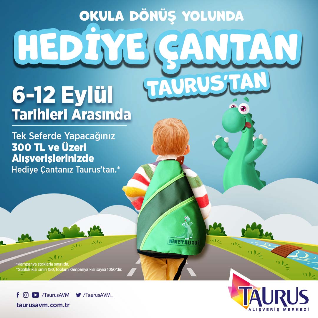 Okula dönüş yolunda hediye çantan Taurus'tan!

06 - 12 Eylül tarihleri arasında, tek seferde yapacağınız 300 TL ve üzeri alışverişinize çanta hediye! 🎁
Kampanya stoklarla sınırlıdır.
•
#okullaraçılıyor #taurusavm #alışveriş #ankara #avm #taurus #taurusalışverişmerkezi