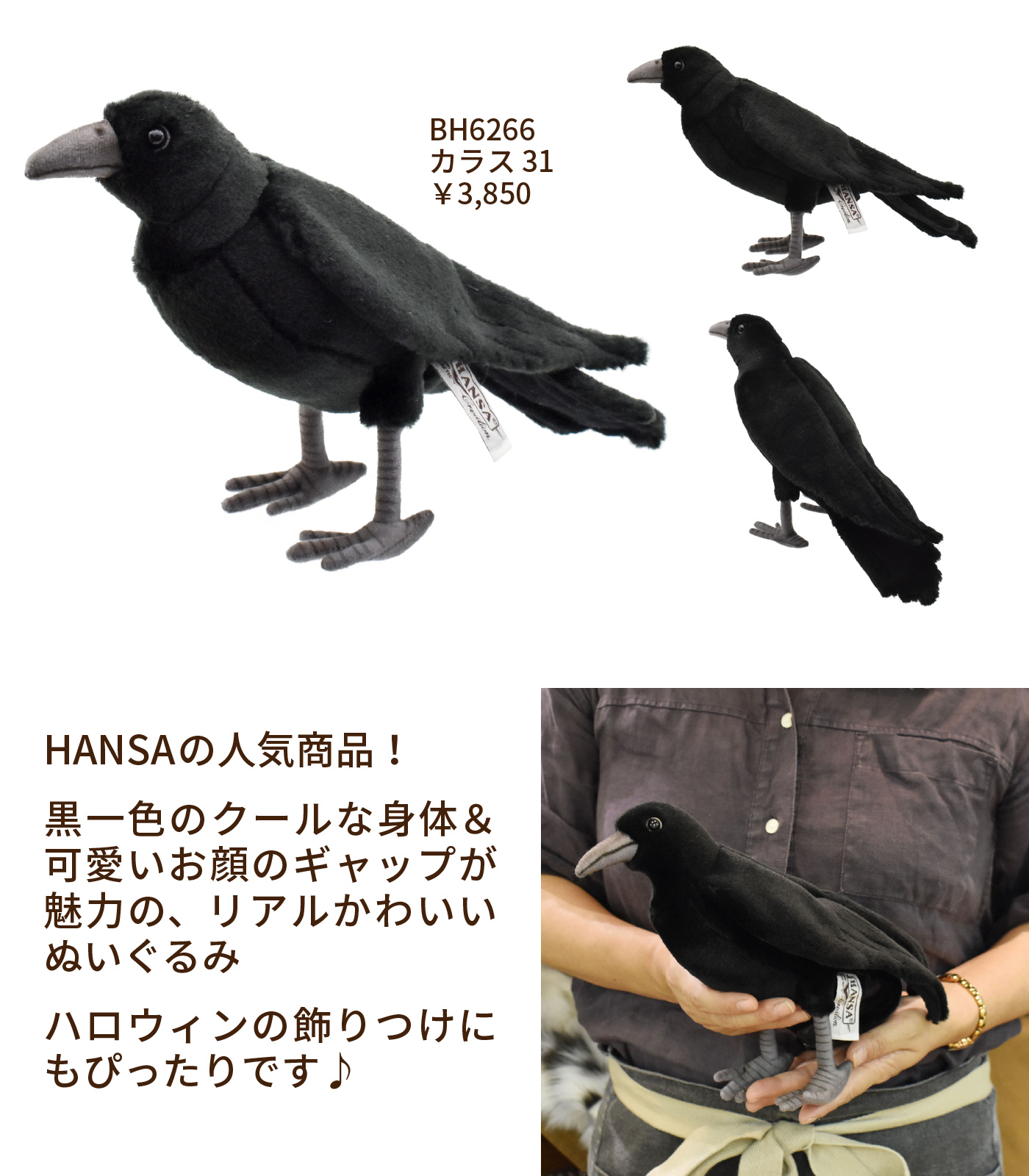 Hansa ハンサ 今日は カラスの日 高い知能に加え 見た目も魅力的なカラス そんな カラス をリアルに感じられる人気のぬいぐるみです お手元で愛でるのはもちろん これからのハロウィンパーティーにもぴったり 6266 カラス 31 3 850