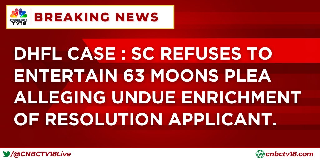 #CourtCorner | SC refuses to entertain 63 Moons plea alleging undue enrichment of Resolution Applicant. 

SC refuses to stay implementation of DHFL resolution plan. 

SC directs NCLAT to hear, decide the issue expeditiously. 

SC directs NCLAT to decide the case within 2 weeks.