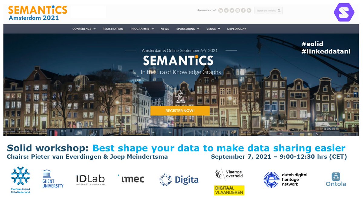 linkeddatanl's tweet photo. Join us tomorrow for the Solid workshop with @RubenVerborgh, @TomHaegemans, Wouter Janssens, Goedele Van der Spiegel, @ennomeijers and @pietercolpaert. Register for this workshop with your ticket at the bottom of the workshop page https://t.co/4ztJ6XMnKU #solid  #semanticsconf https://t.co/qkT6MfWOBq
