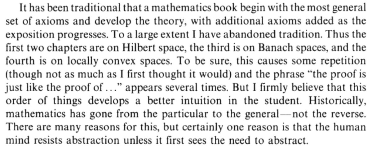 Victor Michel (@vic_mic_) on Twitter photo <a href="/arnaugamez/">Arnau (@arnaugamez@infosec.exchange)</a> <a href="/halvarflake/">Halvar Flake</a> That piece from John Conway's "A course in functional analysis" opened my eyes - way too late - back when I was a math student
"The human mind resists abstraction unless it first sees the need to abstract" is a very good way to put it <a href="/arnaugamez/">Arnau (@arnaugamez@infosec.exchange)</a> <a href="/halvarflake/">Halvar Flake</a> That piece from John Conway's "A course in functional analysis" opened my eyes - way too late - back when I was a math student
"The human mind resists abstraction unless it first sees the need to abstract" is a very good way to put it