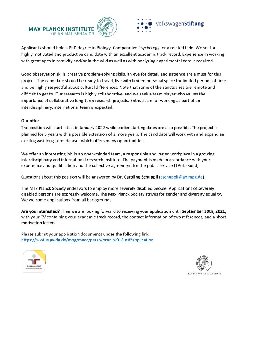 caroline (@carolschuppli) on Twitter photo We are looking for a Postdoc to join the Development & Evolution of Cognition Research Group <a href="/MPI_animalbehav/">MPI-AB is on Bluesky @mpi-animalbehav.bsky.social</a>! The candidate will work on cognition & curiosity in orangutans, chimpanzees and humans. Apply here: s-lotus.gwdg.de/mpg/maor/perso… and don't hesitate to ask any questions🤓🙂 We are looking for a Postdoc to join the Development & Evolution of Cognition Research Group <a href="/MPI_animalbehav/">MPI-AB is on Bluesky @mpi-animalbehav.bsky.social</a>! The candidate will work on cognition & curiosity in orangutans, chimpanzees and humans. Apply here: s-lotus.gwdg.de/mpg/maor/perso… and don't hesitate to ask any questions🤓🙂