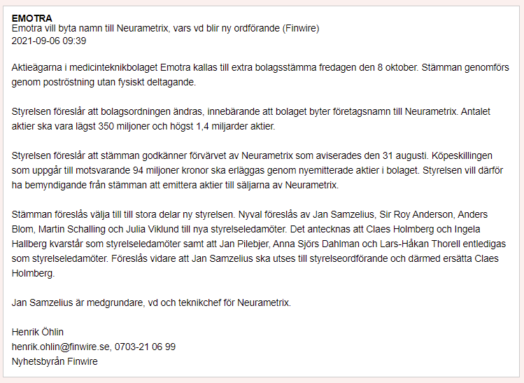 AktiePionjaren's tweet image. HAHA! Precis som jag misstänkte var #Emotra förvärvet i själva verket ett omvänd förvärv av NeuraMetrix! Nu byter de namn till #NeuraMetrix också!

#finanstwitter