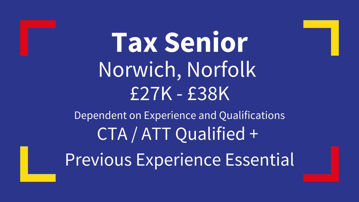 🚨 Job Alert 🚨

💼 Tax Senior
📍 Norwich, Norfolk
💰 £27K-£38K DOE

❗ CTA/ATT Qualified
❗ Previous Experience Essential

Contact Oliver on -
🌐ow.ly/mSCk50FYFYP
📞01603 667 777 
✉️olivercliffe@gcbrecruitment.co.uk 

#Opportunities #WeGetPeople #Careers