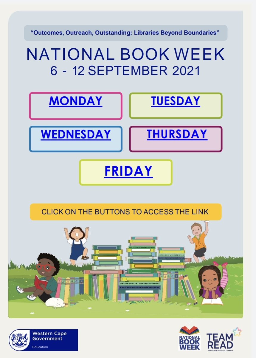 Celebrating National Book Week 📚💥📕📘📗 
GET Curriculum 6 - 12 September! Click on the button to Activate per day! #TeamRead
wcedeportal.co.za/eresource/2053… <a href="/WCEDnews/">WCEDNews</a> <a href="/DebbieSchafer/">Debbie Schafer</a> <a href="/WesternCapeGov/">Western Cape Gov</a> <a href="/WestCoast_Edu/">West Coast Education</a> <a href="/metropoleeast/">MEED</a> <a href="/MSED_CURRICULUM/">Metro South Education District</a> <a href="/mced_wced/">WCEDCentral</a> <a href="/ECKEDOffice/">ECKEDOffice</a> <a href="/almaret_toit/">Almaret Du Toit</a>