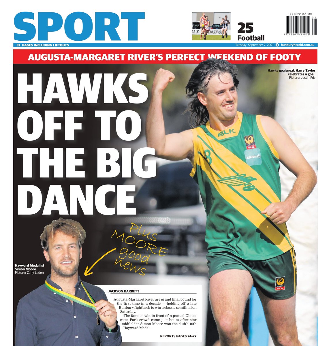 The back page of tomorrow's Bunbury Herald... 🟡🟢

Augusta-Margaret River are grand final bound for the first time in a decade. 

Their famous semifinal win over Bunbury came just hours after star midfielder Simon Moore won the club's 10th Hayward Medal.