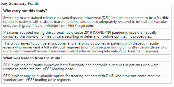 Study finds that patients with diabetic macular edema, who were unable to follow a complete anti-VEGF therapeutic regimen due to #COVID19 restrictions, may benefit for switching to dexamethasone intravitreal implant: link.springer.com/article/10.100… #ophthalmology #openaccess