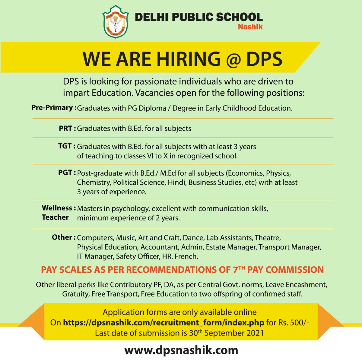 We are looking for passionate and self-motivated educators, whose aim is to provide students with quality education. 
Interested candidates can apply at the following link -
dpsnashik.com/recruitment_fo…

#recruitment #teacher #school #vacancies #nashik #delhipublicschoolnashik