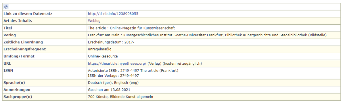 the_article_'s tweet photo. Wir sind nun Teil der @DNB_Aktuelles und werden im Bibliothekskatalog der @UniHeidelberg  "HEIDI" genannt! Mit unserer eigenen ISSN-Nummer sind wir nun offiziell zitierfähig(er). Wir platzen vor Stolz und danken den beiden Bibliotheken sowie Dr. Maria Effinger für ihre Mühen! https://t.co/iAZDY22FkK