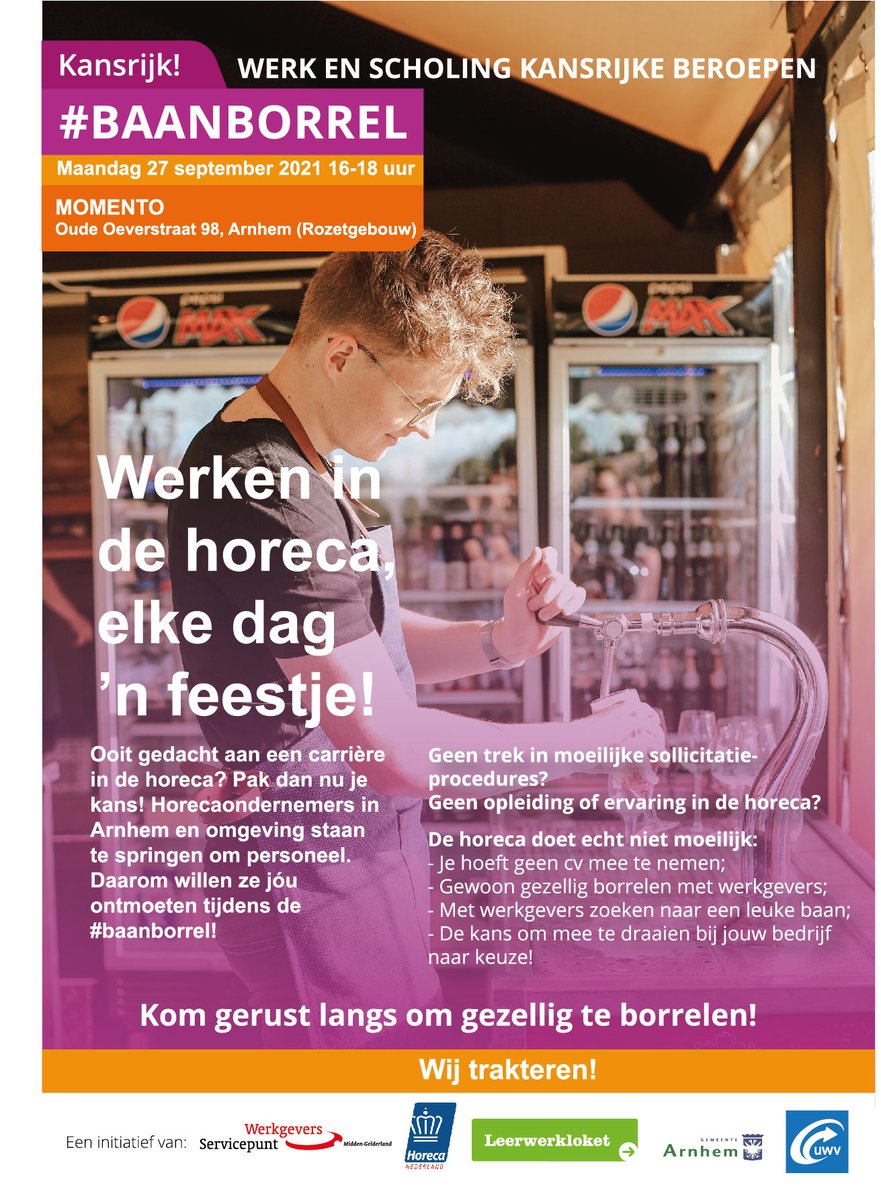 #Kansrijk #Baanborrel Mis het niet! De leukste baan in de horeca vind je tijdens de Baanborrel van <a href="/WSPMiddenGLD/">WSP MiddenGelderland</a> <a href="/LerenenWerken/">Leerwerkloket</a> <a href="/gemeentearnhem/">Gemeente Arnhem</a> <a href="/KHN/">KHN</a> <a href="/UWVnl/">UWV</a> 
wsp-mg.nl/home+wsp/wsp+a…