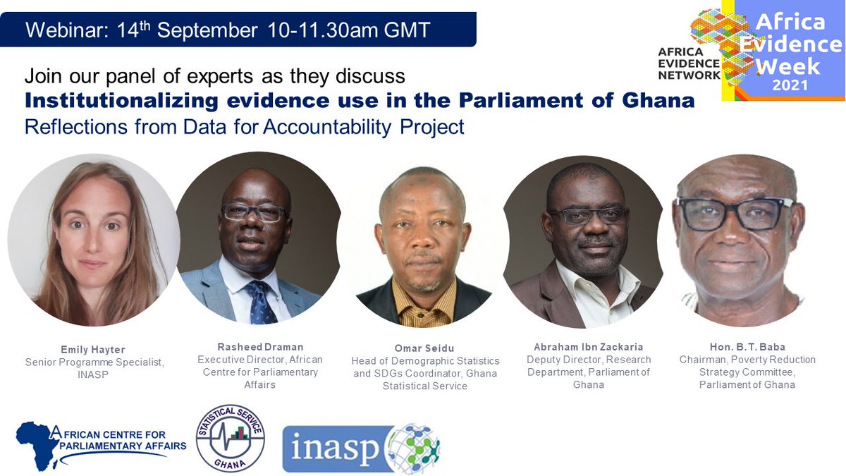 INASPinfo's tweet image. Join us on 14th Sep as we discuss how #DataforAccountability is supporting Parliament of Ghana to use data to oversee SDG progress, and what this tells us about effective approaches to institutionalizing evidence use in Parliament. ow.ly/eA7850G3G0R  #AfricaEvidenceWeek2021